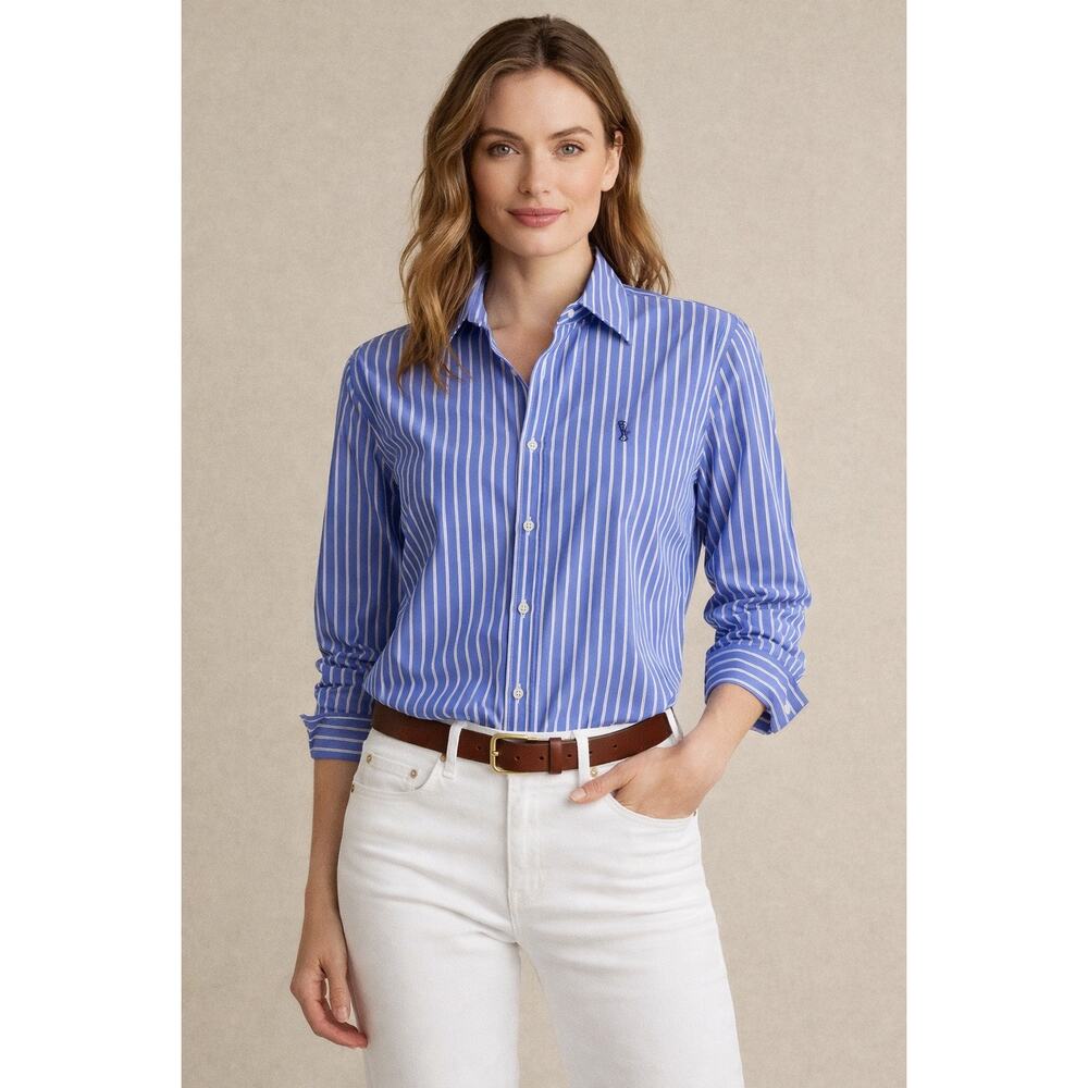 Lauren Ralph Lauren Blue and White Striped Button-Up Blouse